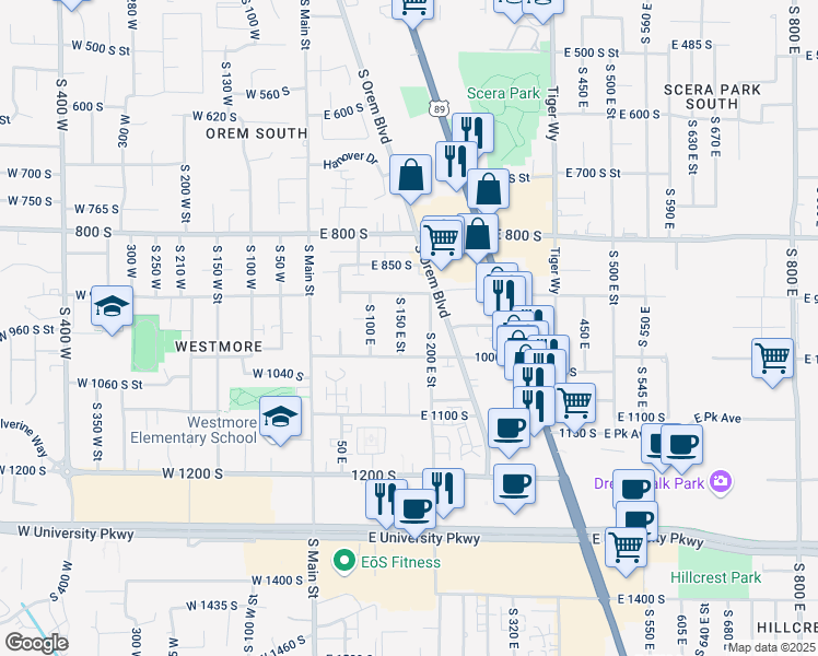map of restaurants, bars, coffee shops, grocery stores, and more near 965 South 150 East Street in Orem