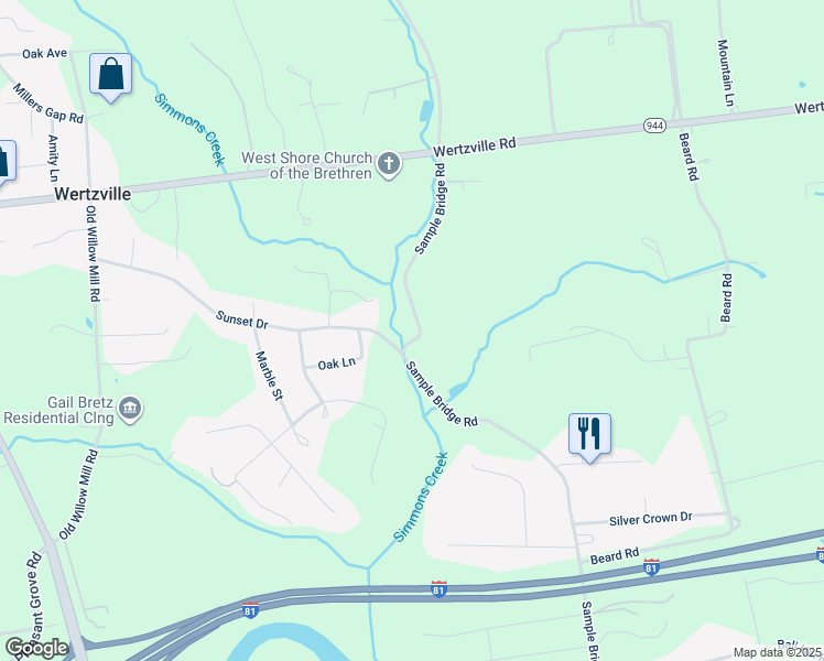 map of restaurants, bars, coffee shops, grocery stores, and more near 305 Sample Bridge Road in Mechanicsburg