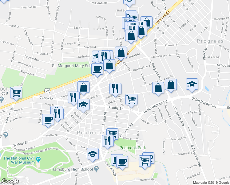 map of restaurants, bars, coffee shops, grocery stores, and more near 214 South 29th Street in Harrisburg