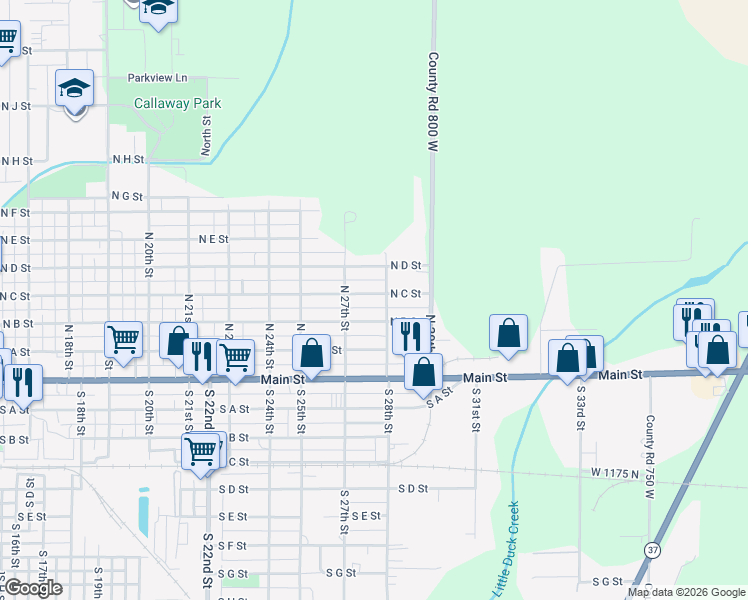 map of restaurants, bars, coffee shops, grocery stores, and more near 2727 North C Street in Elwood