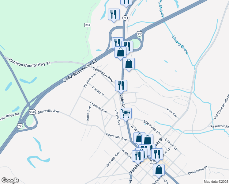 map of restaurants, bars, coffee shops, grocery stores, and more near 608 Mc Cready Avenue in Cadiz