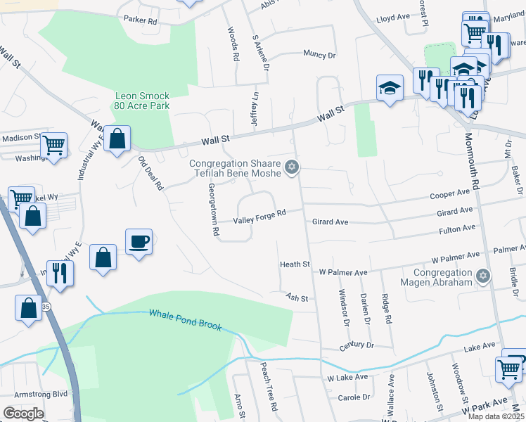 map of restaurants, bars, coffee shops, grocery stores, and more near 24 Valley Forge Road in Eatontown