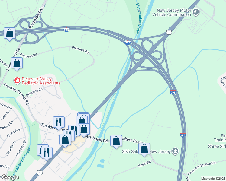 map of restaurants, bars, coffee shops, grocery stores, and more near Delaware and Raritan Canal State Park Trail in Lawrence Township