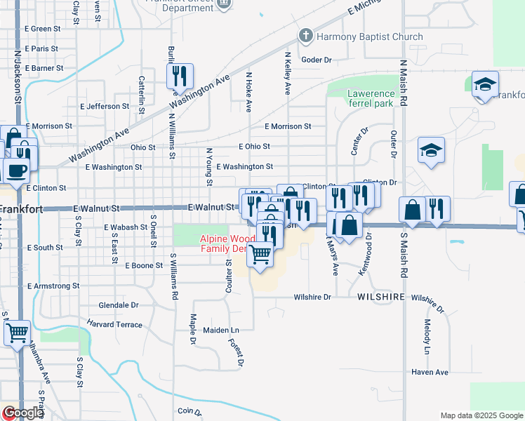map of restaurants, bars, coffee shops, grocery stores, and more near 1451 East Walnut Street in Frankfort