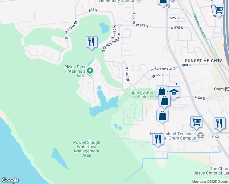 map of restaurants, bars, coffee shops, grocery stores, and more near 1909 West Golden Pond Way in Orem