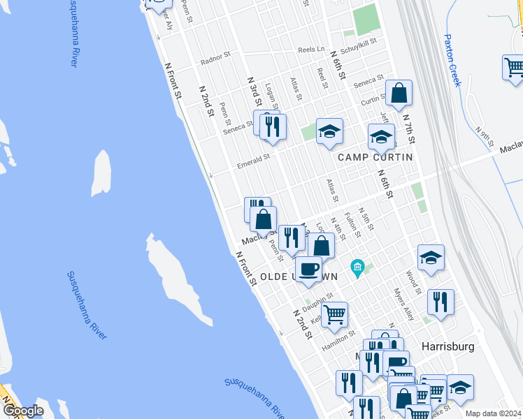 map of restaurants, bars, coffee shops, grocery stores, and more near 2147 Penn Street in Harrisburg