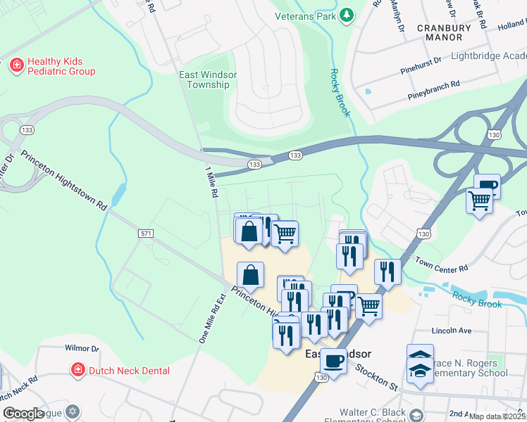 map of restaurants, bars, coffee shops, grocery stores, and more near 117 The Orchards in East Windsor