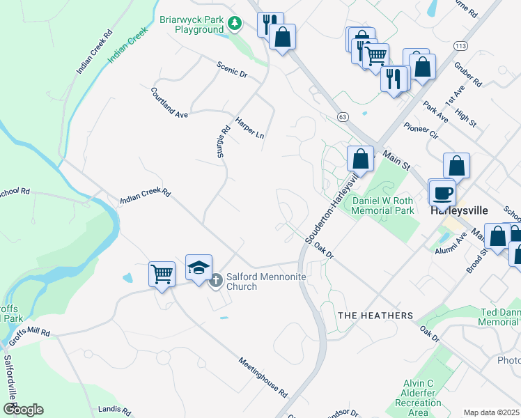 map of restaurants, bars, coffee shops, grocery stores, and more near 631 Freedom Way in Harleysville