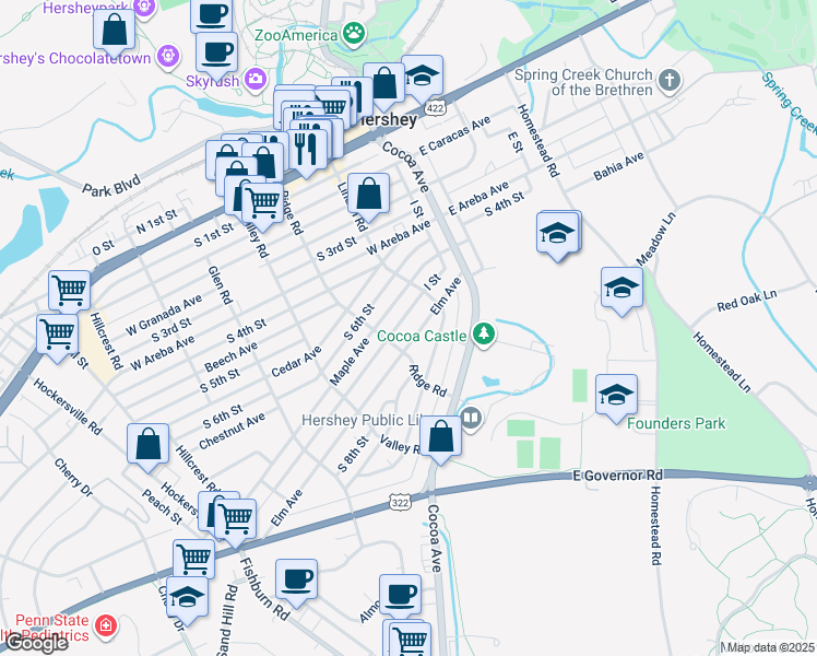 map of restaurants, bars, coffee shops, grocery stores, and more near 139 Elm Avenue in Hershey