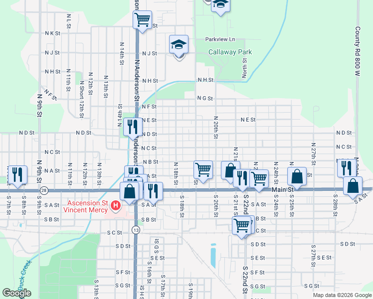 map of restaurants, bars, coffee shops, grocery stores, and more near 1819 North C Street in Elwood