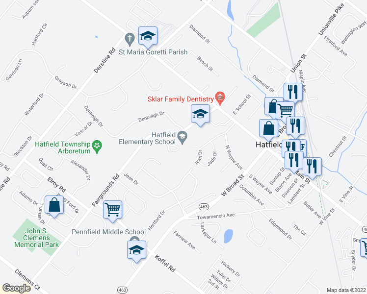 map of restaurants, bars, coffee shops, grocery stores, and more near 1701 Fairgrounds Road in Hatfield