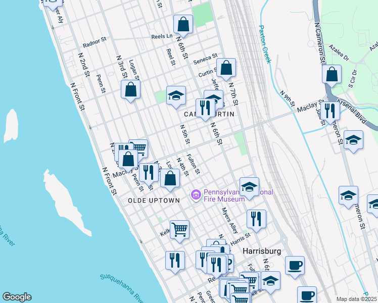map of restaurants, bars, coffee shops, grocery stores, and more near 425 Maclay Street in Harrisburg