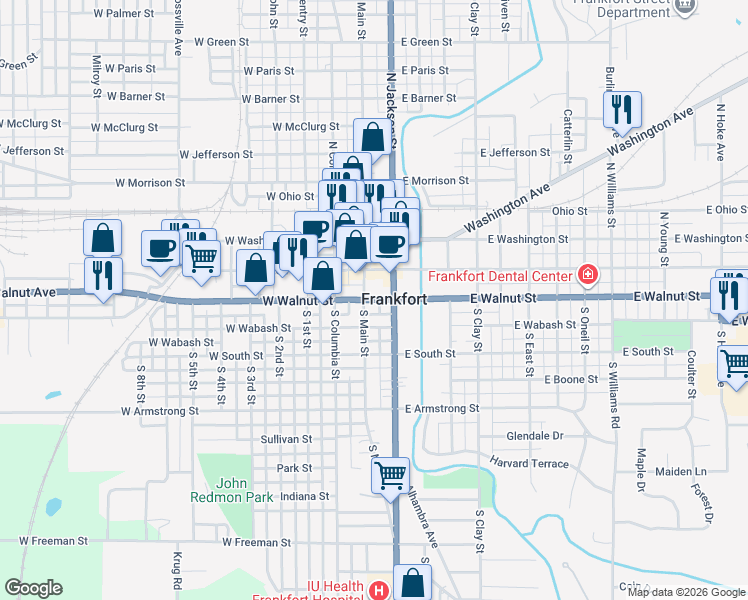 map of restaurants, bars, coffee shops, grocery stores, and more near 31 East Walnut Street in Frankfort