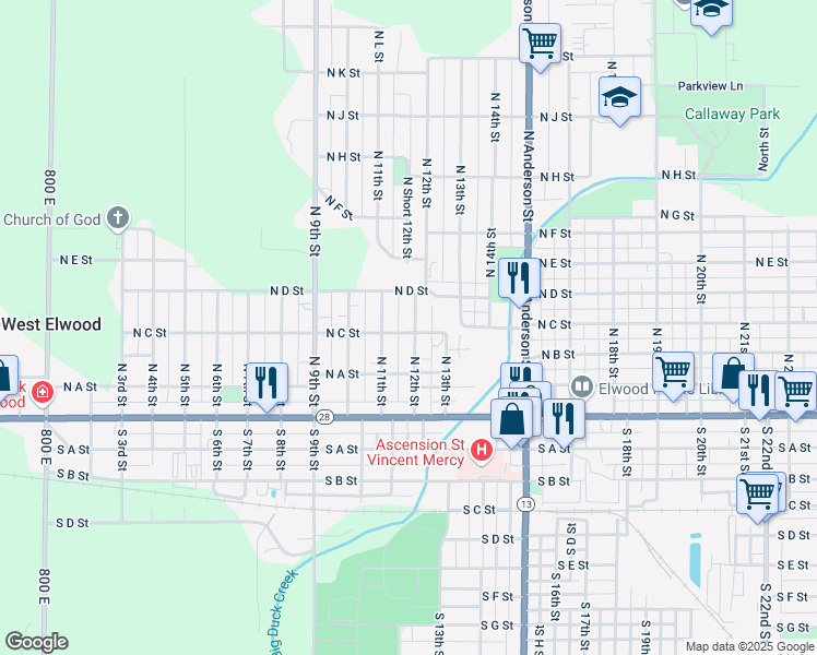 map of restaurants, bars, coffee shops, grocery stores, and more near 400 North 12th Street in Elwood