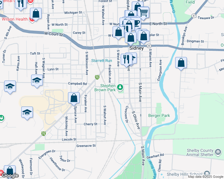 map of restaurants, bars, coffee shops, grocery stores, and more near 540 Franklin Avenue in Sidney