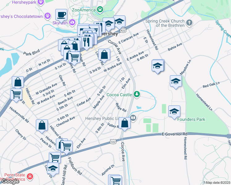 map of restaurants, bars, coffee shops, grocery stores, and more near 139 Elm Avenue in Hershey