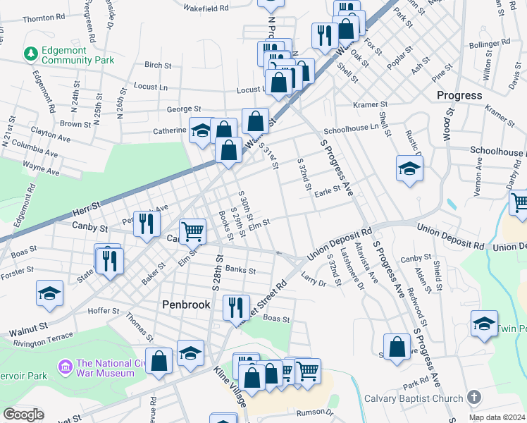 map of restaurants, bars, coffee shops, grocery stores, and more near 220 South 30th Street in Harrisburg