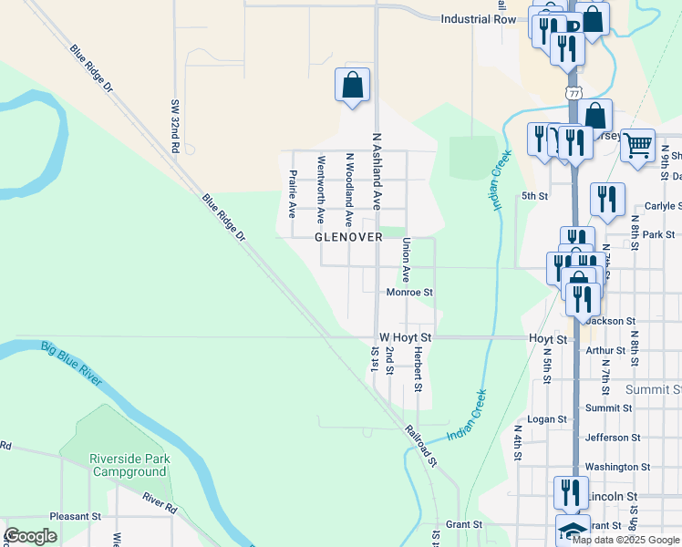 map of restaurants, bars, coffee shops, grocery stores, and more near 1225 North Woodland Avenue in Beatrice