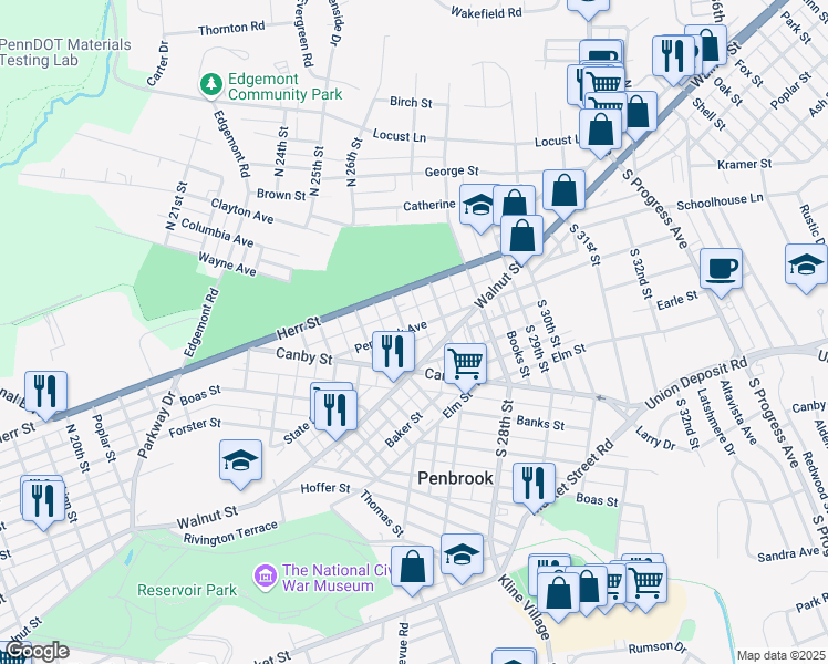 map of restaurants, bars, coffee shops, grocery stores, and more near 2615 Penbrook Avenue in Harrisburg