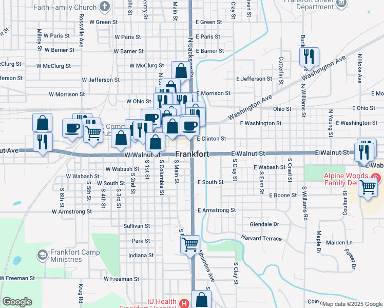 map of restaurants, bars, coffee shops, grocery stores, and more near in Frankfort