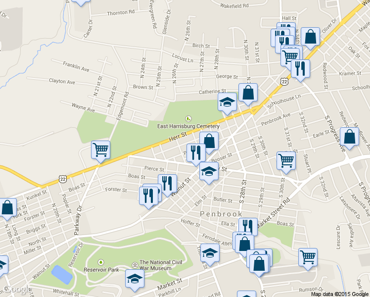 map of restaurants, bars, coffee shops, grocery stores, and more near 2506 Penbrook Avenue in Harrisburg