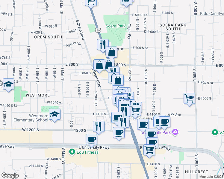 map of restaurants, bars, coffee shops, grocery stores, and more near 292 East 950 South Street in Orem