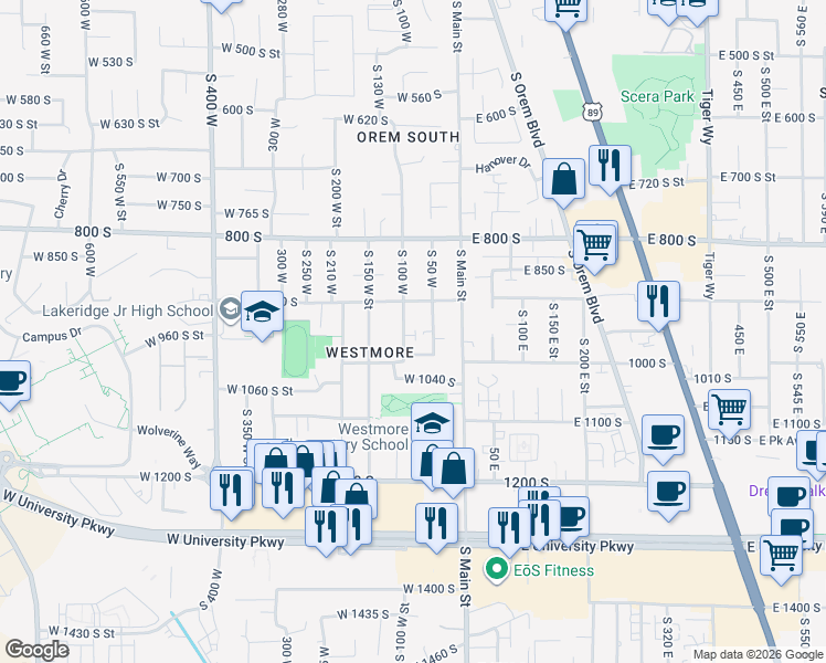 map of restaurants, bars, coffee shops, grocery stores, and more near 967 South 100 West in Orem