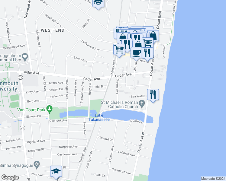 map of restaurants, bars, coffee shops, grocery stores, and more near 746 Greens Avenue in Long Branch