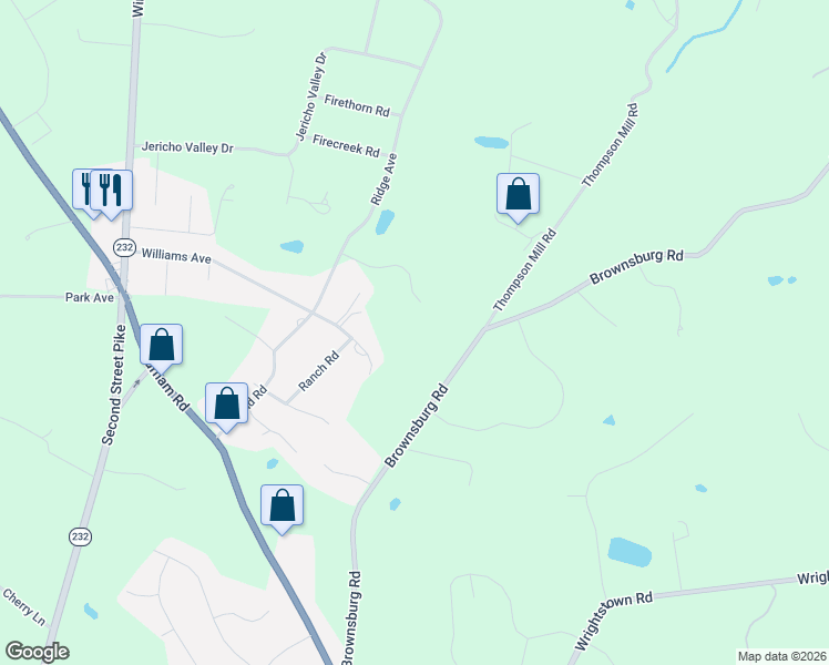 map of restaurants, bars, coffee shops, grocery stores, and more near 280 Brownsburg Road in Newtown