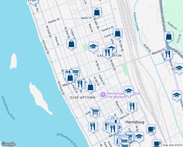 map of restaurants, bars, coffee shops, grocery stores, and more near in Harrisburg