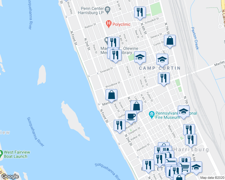 map of restaurants, bars, coffee shops, grocery stores, and more near 2127 Green Street in Harrisburg