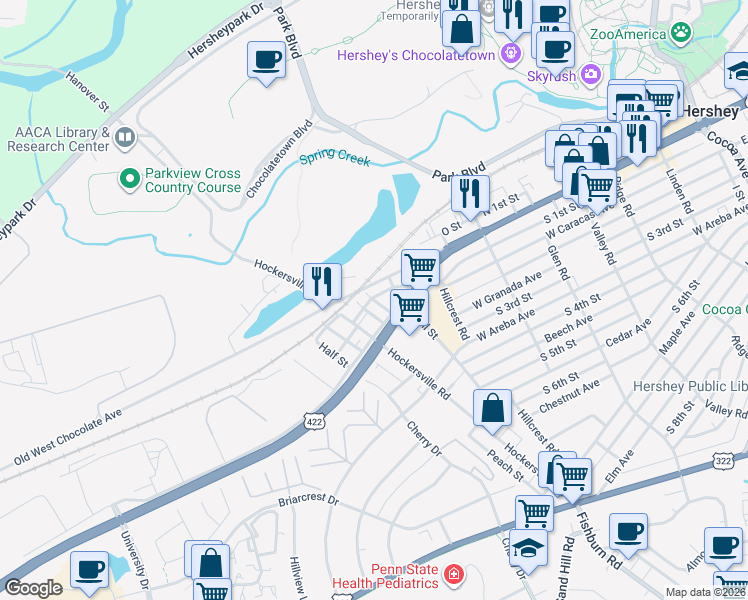 map of restaurants, bars, coffee shops, grocery stores, and more near 3 Duke Street in Hershey
