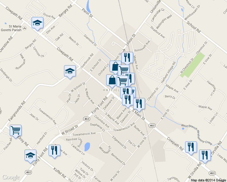 map of restaurants, bars, coffee shops, grocery stores, and more near 8 East Broad Street in Hatfield