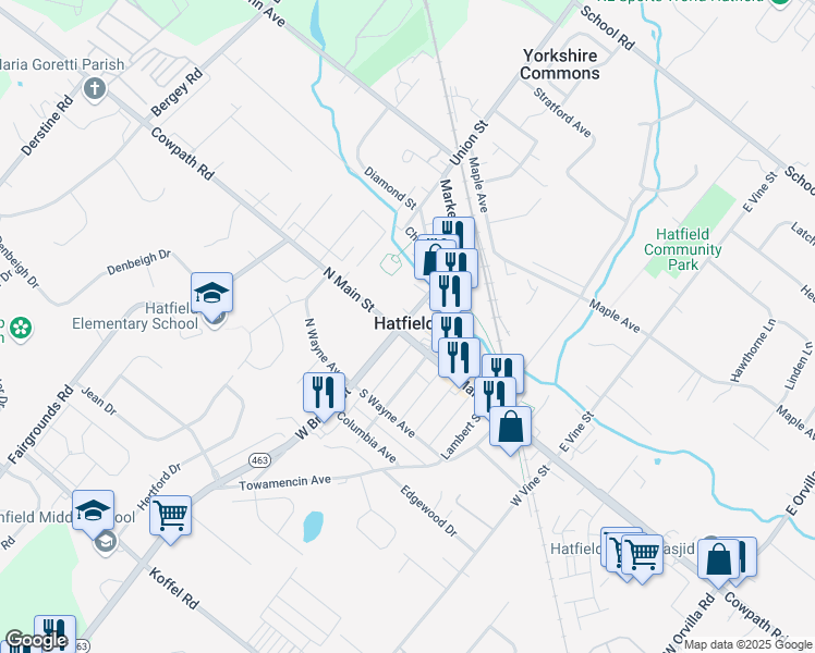 map of restaurants, bars, coffee shops, grocery stores, and more near 8 East Broad Street in Hatfield