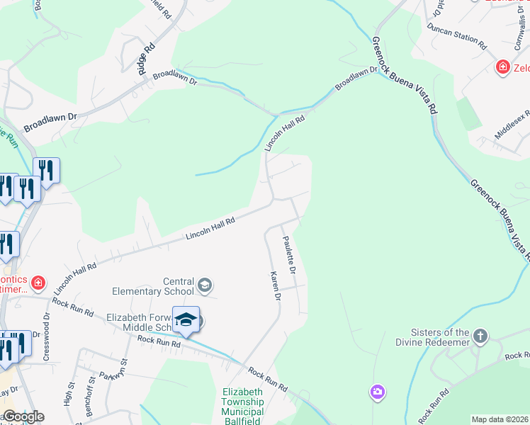 map of restaurants, bars, coffee shops, grocery stores, and more near 368 Lincoln Hall Road in Elizabeth