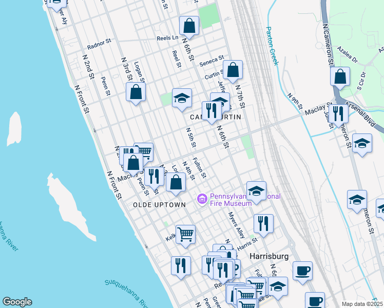 map of restaurants, bars, coffee shops, grocery stores, and more near 419 Maclay Street in Harrisburg