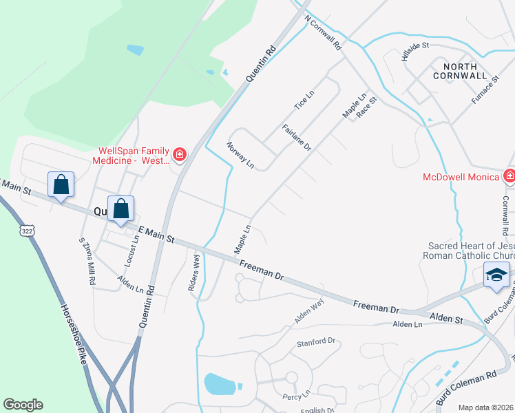 map of restaurants, bars, coffee shops, grocery stores, and more near 114 Maple Lane in Lebanon