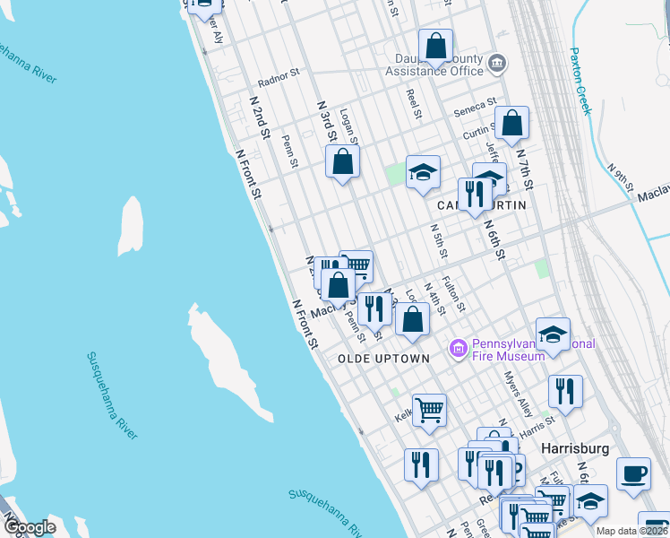 map of restaurants, bars, coffee shops, grocery stores, and more near 2127 Green Street in Harrisburg