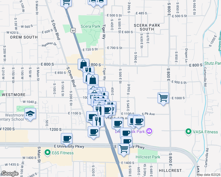 map of restaurants, bars, coffee shops, grocery stores, and more near 946 450 East in Orem
