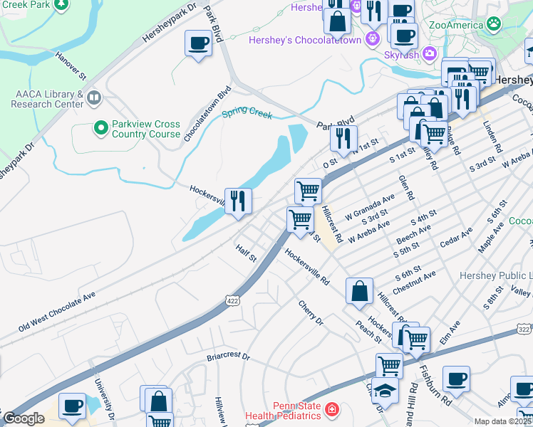 map of restaurants, bars, coffee shops, grocery stores, and more near 705 Swatara Avenue in Hershey
