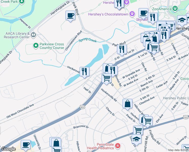 map of restaurants, bars, coffee shops, grocery stores, and more near 705 Swatara Avenue in Hershey