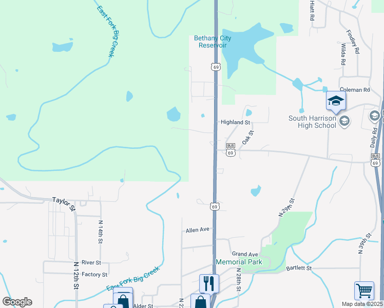 map of restaurants, bars, coffee shops, grocery stores, and more near in Bethany