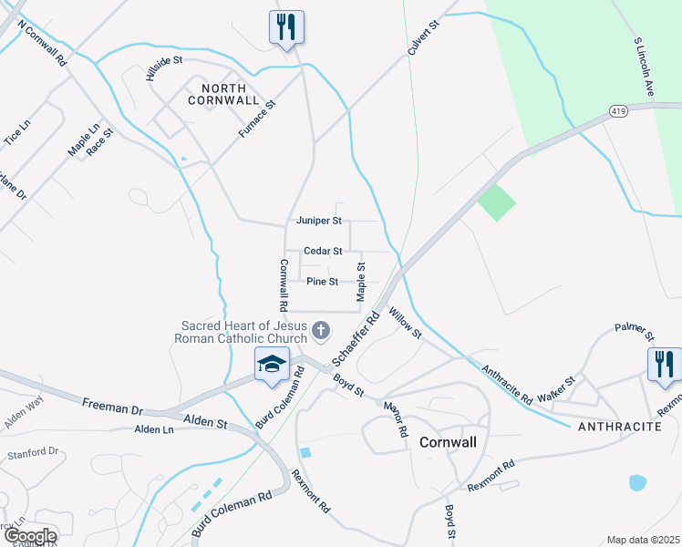 map of restaurants, bars, coffee shops, grocery stores, and more near 115 Pine Street in Lebanon