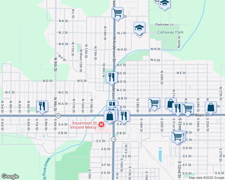 map of restaurants, bars, coffee shops, grocery stores, and more near 322 North Anderson Street in Elwood