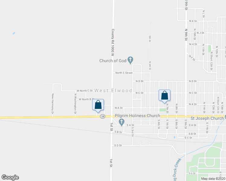 map of restaurants, bars, coffee shops, grocery stores, and more near in West Elwood