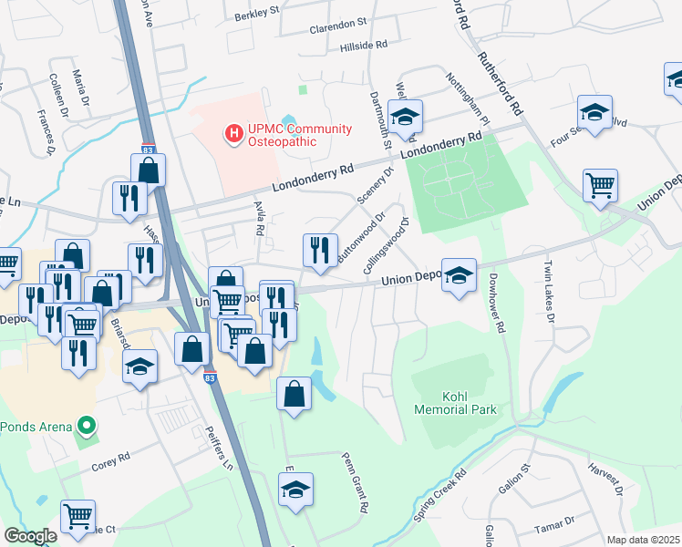 map of restaurants, bars, coffee shops, grocery stores, and more near 4320 Old Union Deposit Road in Harrisburg