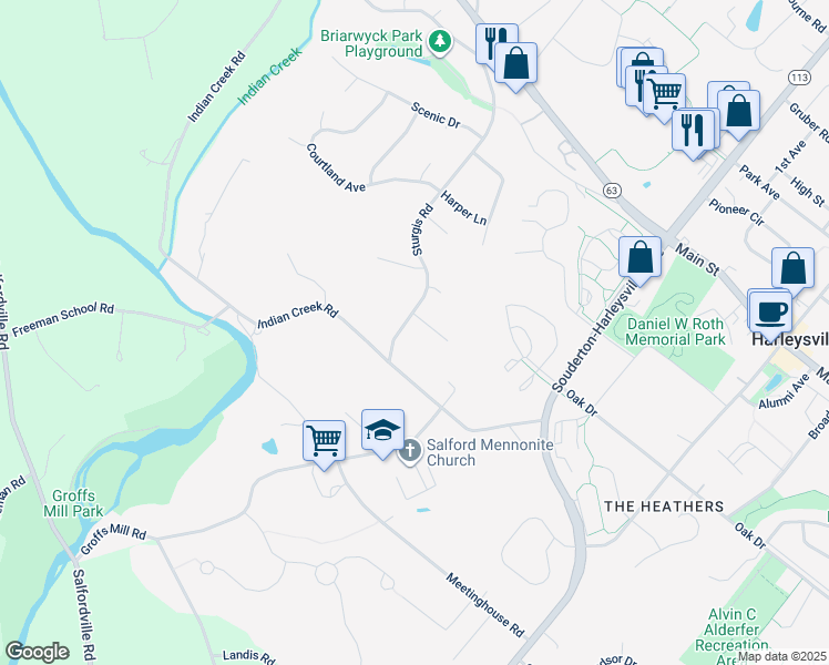 map of restaurants, bars, coffee shops, grocery stores, and more near 660 Freedom Way in Harleysville