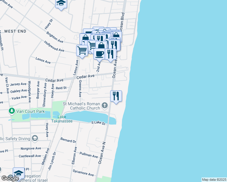map of restaurants, bars, coffee shops, grocery stores, and more near 755 Ocean Avenue in Long Branch