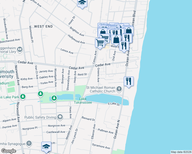 map of restaurants, bars, coffee shops, grocery stores, and more near 746 Greens Avenue in Long Branch