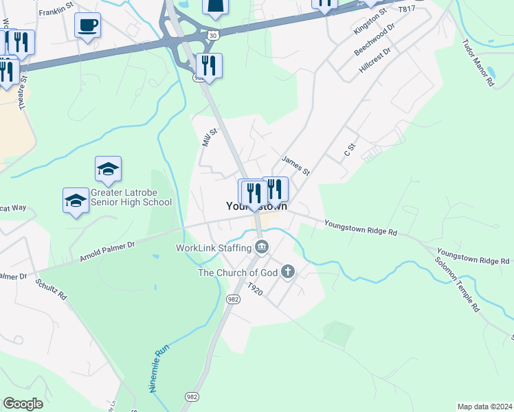 map of restaurants, bars, coffee shops, grocery stores, and more near in Youngstown